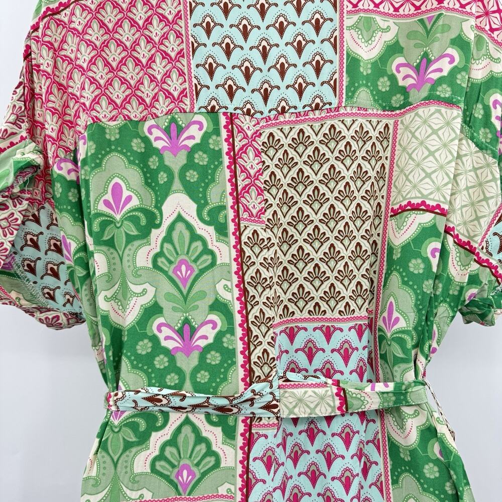 Umgee Patchwork Mixed Print Midi Dress Sz M Pink Green Floral Boho Beachy Artsy - Picture 10 of 15